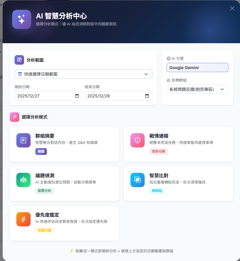 AI 智慧分析中心介面：五大模式一目了然