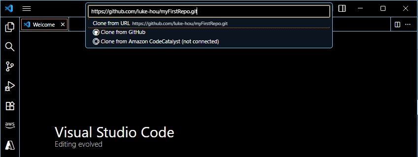 VS Code 命令面板輸入 Git: Clone 的截圖