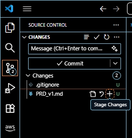 在 VS Code 中點擊 + 號將檔案加入暫存區的截圖