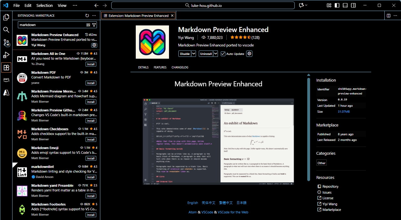 VS Code extension marketplace showing Markdown Preview Enhanced