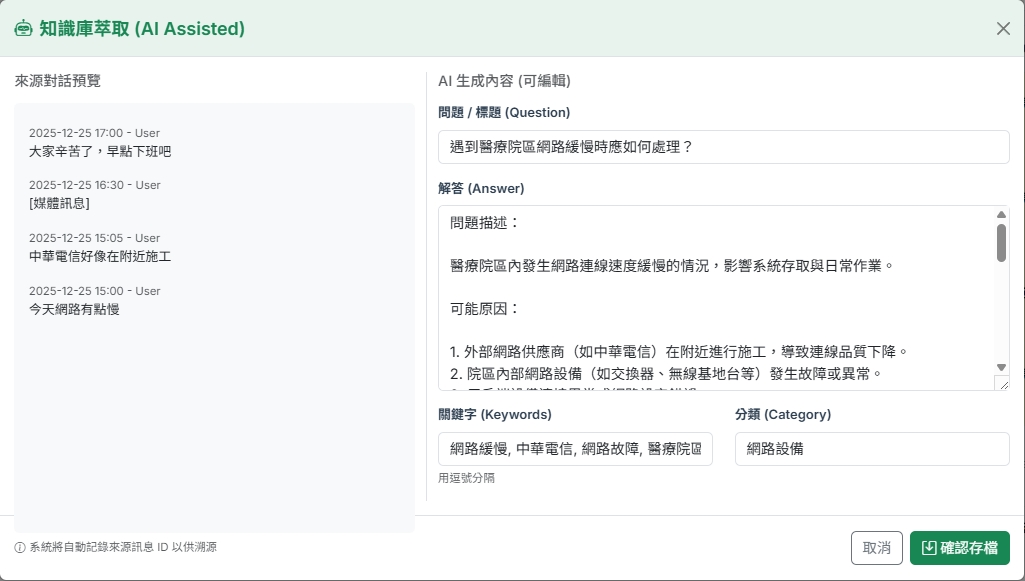 AI 知識庫編輯器介面：左側為原始對話，右側為 AI 生成的 SOP 草稿